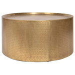 Harp and Finial - Pala Coffee Table Distressed Hammered Gold Finish - A bold piece of rustic decor, the Pala Coffee Table presents an impressive round frame with an intriguing blend of rough and ritzy. Made of hammered metal and covered in a distressed gold finish, the circular body is full of unique detailing. An occasional table with modern appeal, this piece brings a stylish touch to the den or living room.�