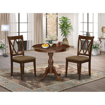 3 Pc Dining Set, 1 Pedestal Table, 2 Mahogany Chairs, Linen White