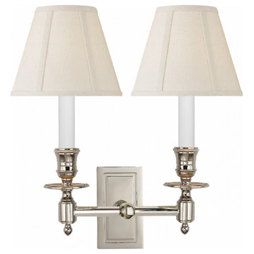 French Library Wall Sconce, 2-Light, Polished Nickel, Linen Shade, 12"H
