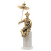 Elegant Antique Style Chinese Tea Man Sculpture Umbrella Gold White Marble Left