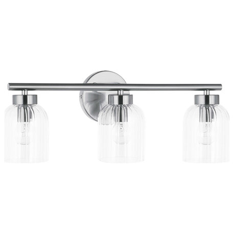 Vienna 3 Light Incandescent Vanity, Polished Chrome, Clear Ribbed Glass