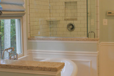Mid-sized elegant master ceramic tile marble floor bathroom photo in Baltimore with blue walls