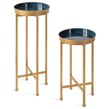 Celia Round Metal Foldable Tray Table Set, Navy Blue/Gold 2 Piece