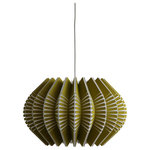 Ciara O'Neill - Spine Pendant Light, Olive - The olive-coloured Spine Pendant Light emulates the geometric patterns found in sea urchin shells. Tight radial curves impose their structure on pleated segments which dictate the shape of the silhouette. This material of this pendant lamp gently diffuses light while also radiating light more intensely where the surface material splits apart. Using bespoke components and artisan production techniques, this pendant light is skillfully handcrafted and produced in Ciara O'Neill's East London studio.  Please note the long lead time is due to the fact that this product is handcrafted and made to order. This allows us to ensure that you receive a high-quality, personalised product.