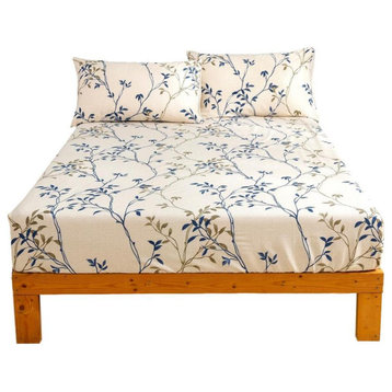 Blue Leaf Vine Cream Poplin Cotton Fitted Sheet