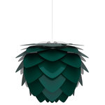 UMAGE - Aluvia Plug-In Pendant, Medium, Forest/White - Modern. Elegant. Striking. The VITA Aluvia is an artistic assemblage of 60 precision-cut aluminum leaves, overlapping each other on a durable polycarbonate frame. These metal leaves surround the light source, emitting glare-free, ambient light.  The underside of each leaf is painted white for increased light reflection, and the exterior is finished in one of six designer colors. Available in two sizes, the Medium (18.9"h x 23.3"w) can be used as a pendant or hanging wall lamp, while the Mini (11.8"h x 15.7"w) is available as a pendant, table lamp, floor lamp or hanging wall lamp. Hang it over the dining table, position it in a corner, or use as a statement piece anywhere; the Aluvia makes an artistic impact in any room.