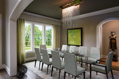 Large transitional medium tone wood floor dining room photo in Houston