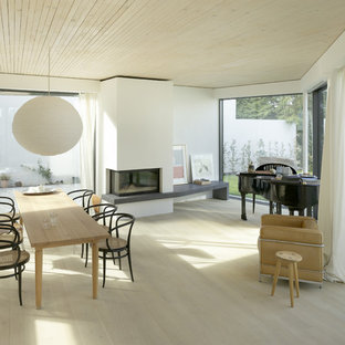シュトゥットガルトのコンテンポラリースタイルのLDKの画像 (白い壁、淡色無垢フローリング、標準型暖炉)