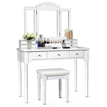 Modern Vanity Set, Elegant Design With Tri-Folding Mirror & 7 Drawers, White