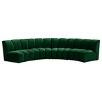 Meridian Furniture - Infinity Channel Tufted Velvet Modular Chair, Green, 4 Piece - Create a seating group that works for every possible situation with this Infinity modular 4-piece sectional and other pieces in the Infinity collection. Upholstered in soft green velvet material that feels great against the skin and offers long-wearing beauty, this piece fits with other Infinity items for an infinite number of combinations that get your seating requirements just right but that look just as nice when used on their own.