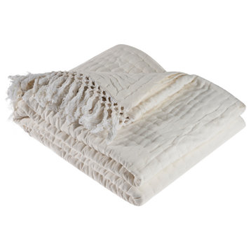 Solid Ivory Throw Blanket With Fringe