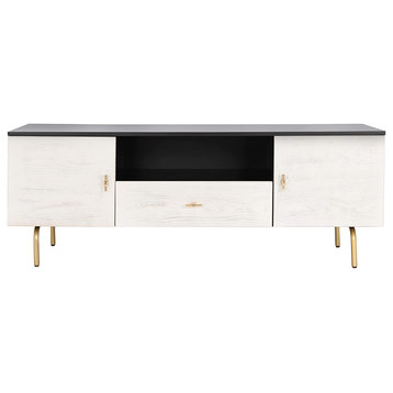 Modern TV Stand, 2 Side Cabinets and Lower Drawer With White Washed Front, Black