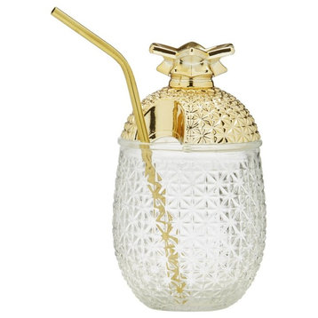 Pineapple Cocktail Glass With Straw and Removable Lid, Set of 2