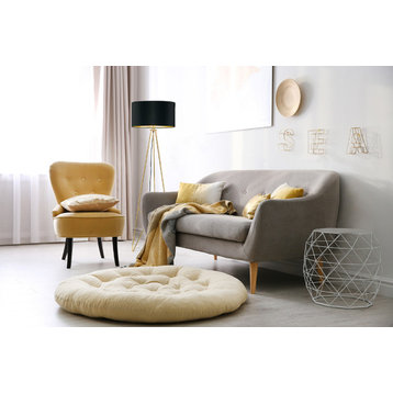 Camporale Floor Lamp, Gold Finish, Black Exterior, Gold Interior Fabric Shade