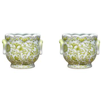Set of 2 Round Scallop Rim Green and White Lotus Porcelain Pot