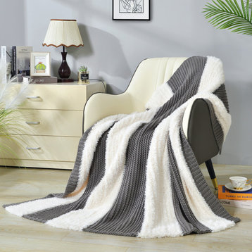 Faux Fur Knitted Throw Blanket, Silver Gray, 50"X60"