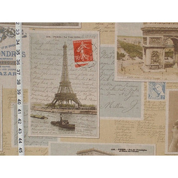 Paris Postcard Fabric French Vintage Letters Eiffel Tower, Standard Cut