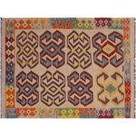 Bareens Designer Rugs - Southwestern Turkish Kilim Ardith Hand-Woven Wool Rug - 3'5'' x 4'10'' - Elevate the elegance of your home with this stunning hand-woven tribal Kilim wool rug. Meticulously crafted on a loom by the Nomad Turkman people using hand-spun wool and 100% natural vegetable dyes, these rugs are recognized for their repetitive geometric patterns, incorporating naturalistic floral and traditional designs. The contemporary fashion palette results in bold, sharp patterns that are incredibly versatile, as the pattern is the same on both sides. These reversible rugs feature a lighter shade on one side and brighter colors on the other, providing versatility according to preference. These unique rugs are made by knotting short strands of different colors onto the warps and securing them by tightly pressing the wefts. The designs are created by interweaving the various colored wefts and warps. Kilims are known for their exceptional durability and versatility, making them truly unique rugs.  Product Details    Rug Size: 3'5'' x 4'10''  Material: 100% Wool  Style: Kilim, Flat Weave, Dhurrie, Turkish, Southwestern, Rustic, Tribal  Colors: Beige, Red, Purple, Orange  Weave Type: Hand-Woven, Handmade  Pile Height: Less than 0.25 inch