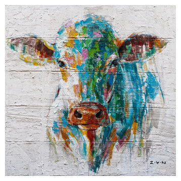 "Colorful Cow Hand Painted" Canvas Artwork, 40"x40"