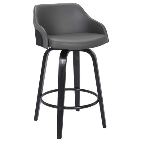 Alec Black Brush Wood Finish & Gray Faux Leather Bar Stool, Counterstool