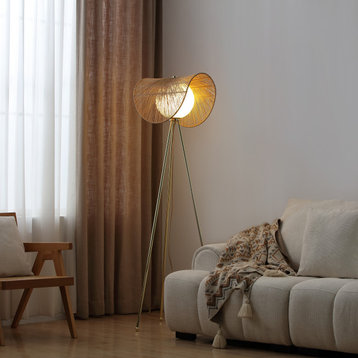 Sovev 62.87 in. Brass Tripod Floor Lamp With Frosted Glass and Rattan Shade