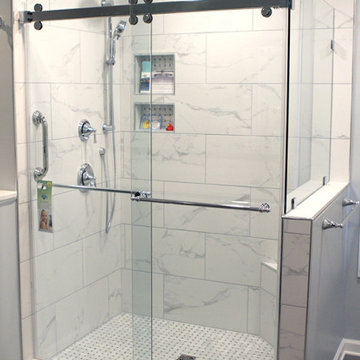 Frameless Double Sliding Barn Style Enclosure with Return Panel