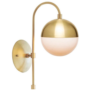 Brass Metal Midcentury Modern Wall Sconce, Iron With Frosted Glass