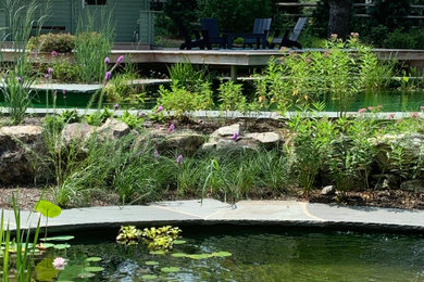 This is an example of a large country backyard full sun garden for summer in New York.