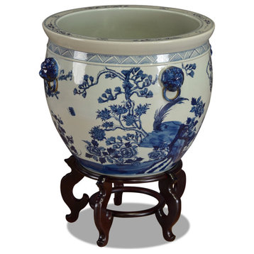 22 Inch Blue and White Porcelain Bird and Flower Chinese Fishbowl Planter