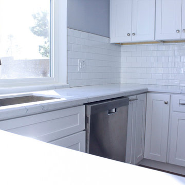 Shaker White Kitchen with porcelain wood tile floor