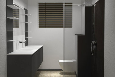 Inspiration pour une petite salle d'eau minimaliste avec des portes de placard noires, une douche à l'italienne, WC suspendus, un lavabo intégré, une cabine de douche à porte battante, meuble double vasque et meuble-lavabo suspendu.