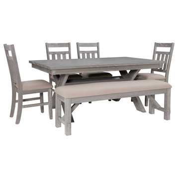 Linon Turino 6 Pce Wood Dining Set Padded Seats & Bench in Weathered Gray Stain