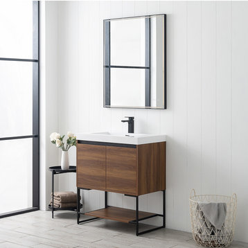 Freestanding Bathroom Vanity Set with Open Shelf & Acrylic Sink, Red Walnut, 30"