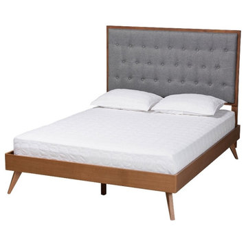 Baxton Studio Dericia Gray Fabric and Walnut Brown Wood King Size Platform Bed