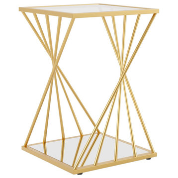 Contemporary Side Table, Golden Geometric Base With Mirrored Shelf & Glass Top