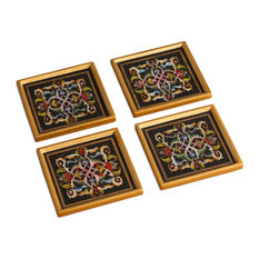 NOVICA Colonial Intricacy, Reverse-Painted Glass Coasters  (Set Of 4)