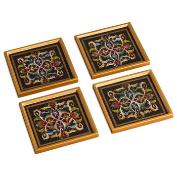 Novica Handmade Colonial Intricacy Reverse-Painted Glass Coasters (Set Of 4)