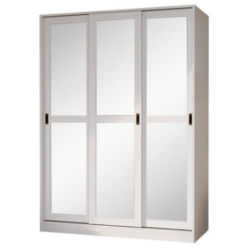 100% Solid Wood 3-Sliding Door Wardrobe/Armoire/Closet, White-Mirrored