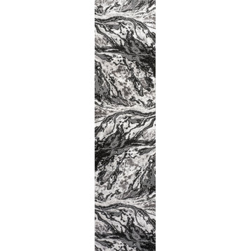 Swirl Marbled Abstract Area Rug, Black/Ivory, 2 X 8