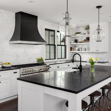 Elegant Modern Black, White and Wood Kitchen and Family Room