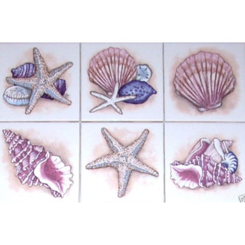 Star Fish Sea Shell Kiln Fired Ceramic Tile Accents Mural, 6-Piece Set