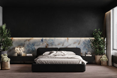 Cette image montre une grande chambre parentale grise et noire minimaliste avec un mur gris, un sol en bois brun et un sol marron.