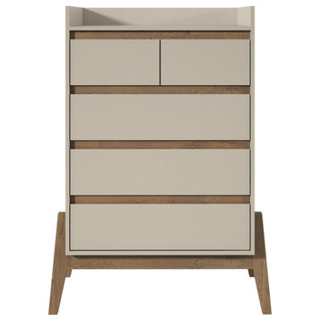 Mid Century Modern Dresser, Top With Raised Edges & 5 Drawers, Off White/Walnut