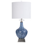 StyleCraft - Gemma Silsden Table Lamp Marbled Blue Art Finish White Fabric Shade - A vintage body with modern attributes, the artistic form of this transitional lamp presents a striking accent for living and dining rooms. The glass frame has a beautiful blue marbled finish, neatly paired with the white linen drum shade. At the base and neck, the metal body has a brushed steel finish as well as acrylic accents.