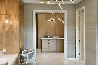 Huge transitional master marble floor and beige floor bathroom photo in Miami with flat-panel cabinets, light wood cabinets, multicolored walls, a vessel sink and onyx countertops