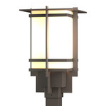 Hubbardton Forge - Tourou Outdoor Post Light, Coastal Dark Smoke Finish, Opal Glass - Although the design is in honor of traditional Japanese stone lanterns, our Tourou Outdoor fixture is much easier to post-mount outside home or business. Metals bands crisscross and hug the square glass tube for design flare.