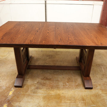 Solid Oak Mission-Style Trestle Dining Table — Full Stain and Finish Application
