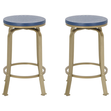 GDF Studio Arlington Natural Wood Rotating Counter Stool, Set of 2, Blue/Gold