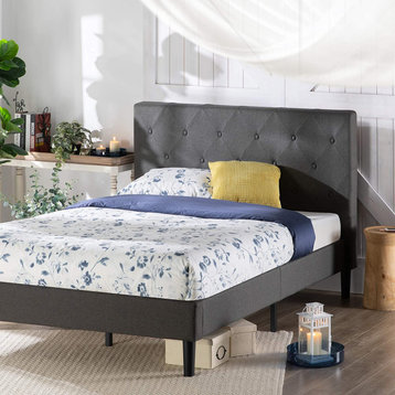 King Platform Bed Frame, Elegant Design With Diamond Tufted Headboard, Dark Grey