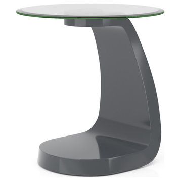 Contemporary End Table, Unique Curvy Cantilever Base With Glass Top, Gray/Clear